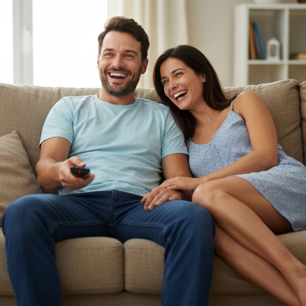 Couple satisfait utilisant le fournisseur IPTV Premium KOLOS pour séries en streaming HD