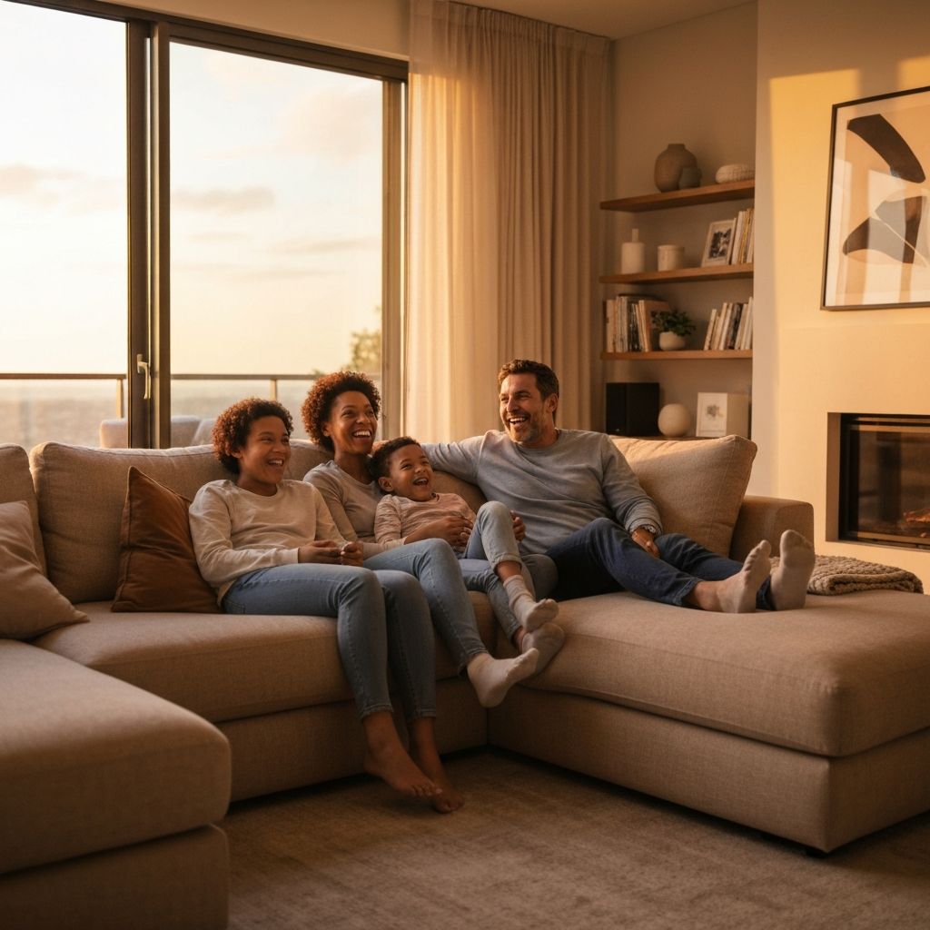 Famille heureuse regardant la télévision ensemble avec IPTV premium KOLOS