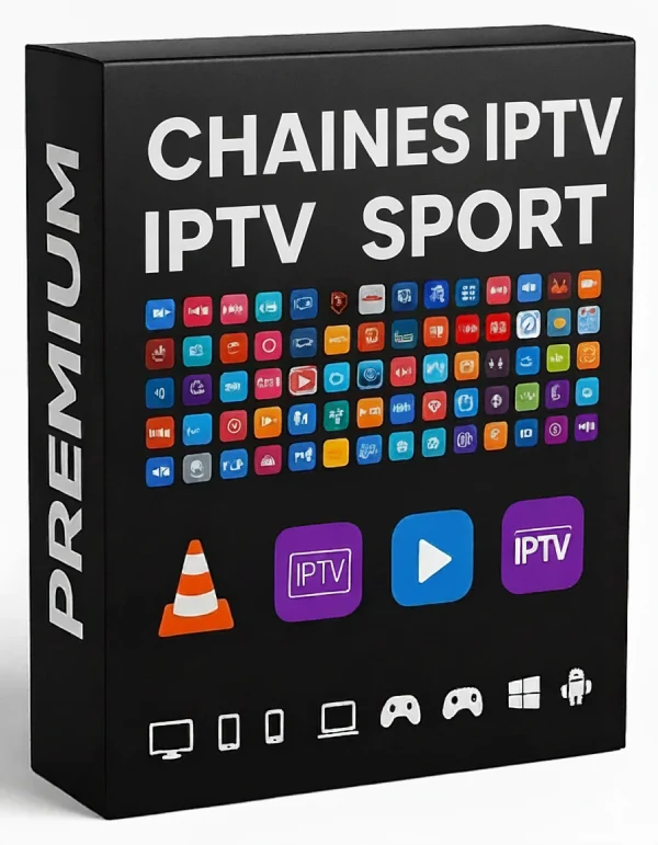 Boîte noire de service PREMIUM affichant des logos d'applications pour les chaînes IPTV SPORT et VOD, compatible avec Android, Windows, TV, PC et mobile.